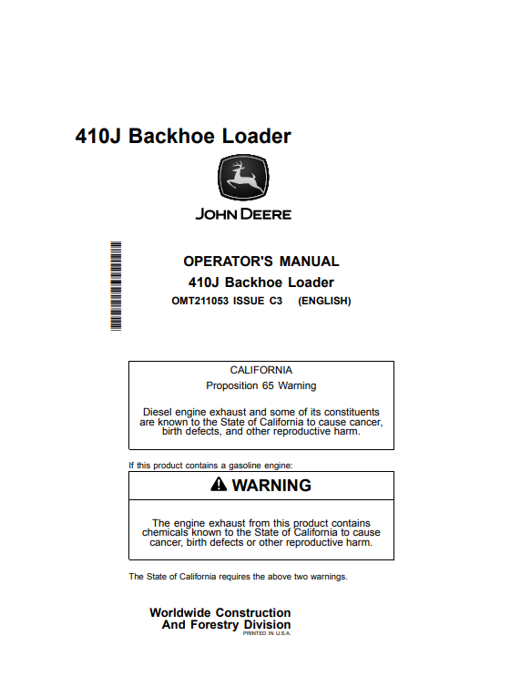 JOHN DEERE 410J BACKHOE LOADER OPERATOR MANUAL OMT211053