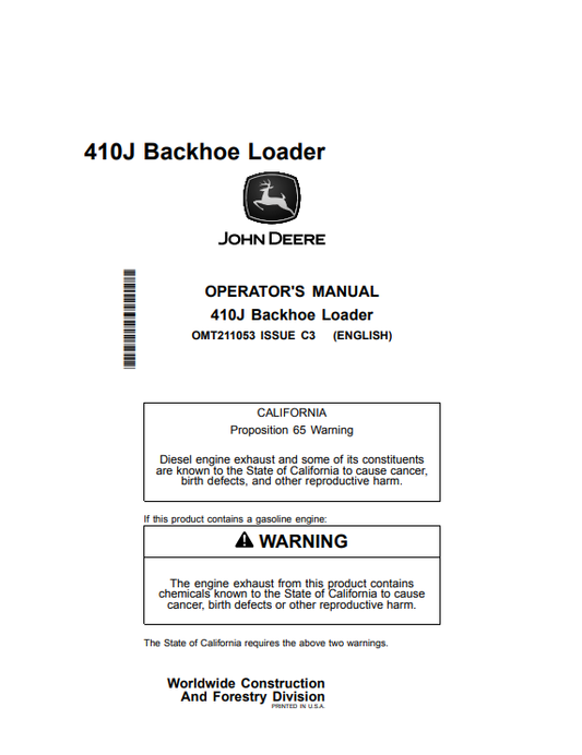 JOHN DEERE 410J BACKHOE LOADER OPERATOR MANUAL OMT211053