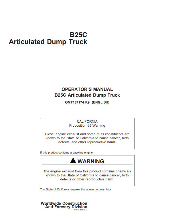 JOHN DEERE B25C ARTICULATED DUMP TRUCK OPERATOR MANUAL OMT167174