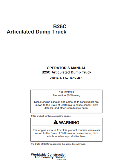 JOHN DEERE B25C ARTICULATED DUMP TRUCK OPERATOR MANUAL OMT167174