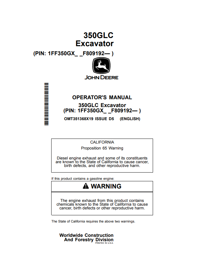 JOHN DEERE 350GLC EXCAVATOR OPERATOR MANUAL OMT351368X19