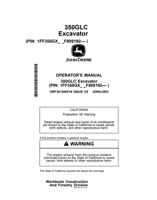 JOHN DEERE 350GLC EXCAVATOR OPERATOR MANUAL OMT351368X19