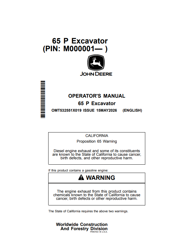 JOHN DEERE 65 P EXCAVATOR OPERATOR MANUAL OMT532551X019