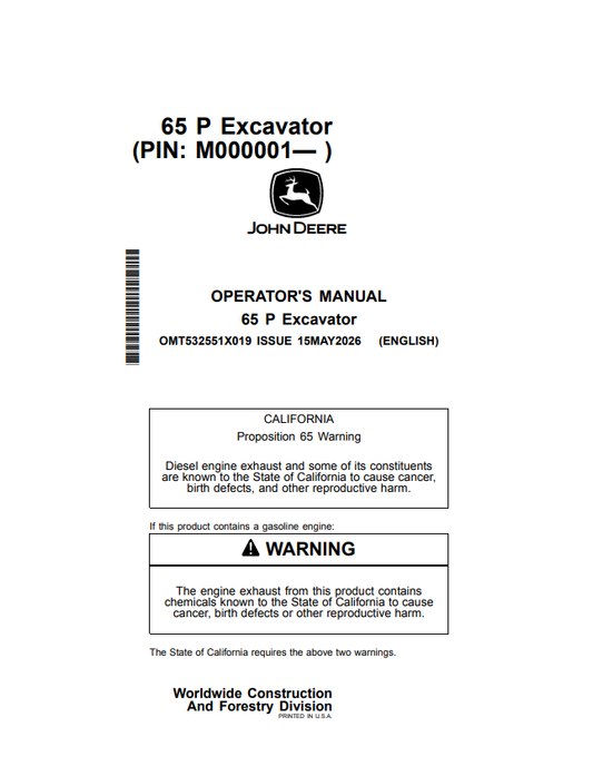JOHN DEERE 65 P EXCAVATOR OPERATOR MANUAL OMT532551X019