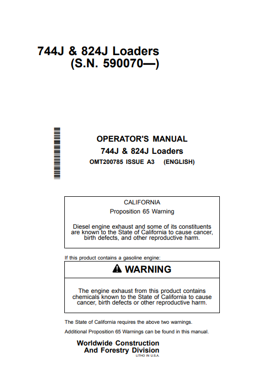JOHN DEERE 744J & 824J LOADER OPERATOR MANUAL OMT200785