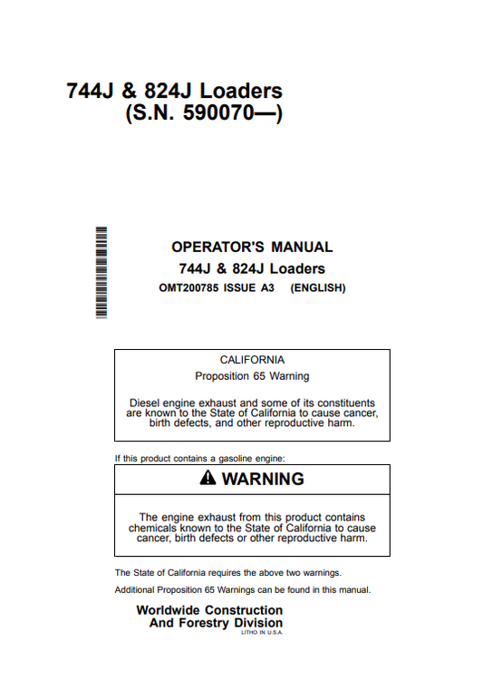 JOHN DEERE 744J & 824J LOADER OPERATOR MANUAL OMT200785