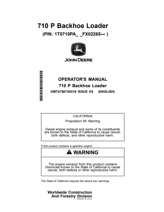 JOHN DEERE 710 P BACKHOE LOADER OPERATOR MANUAL OMT475674X019