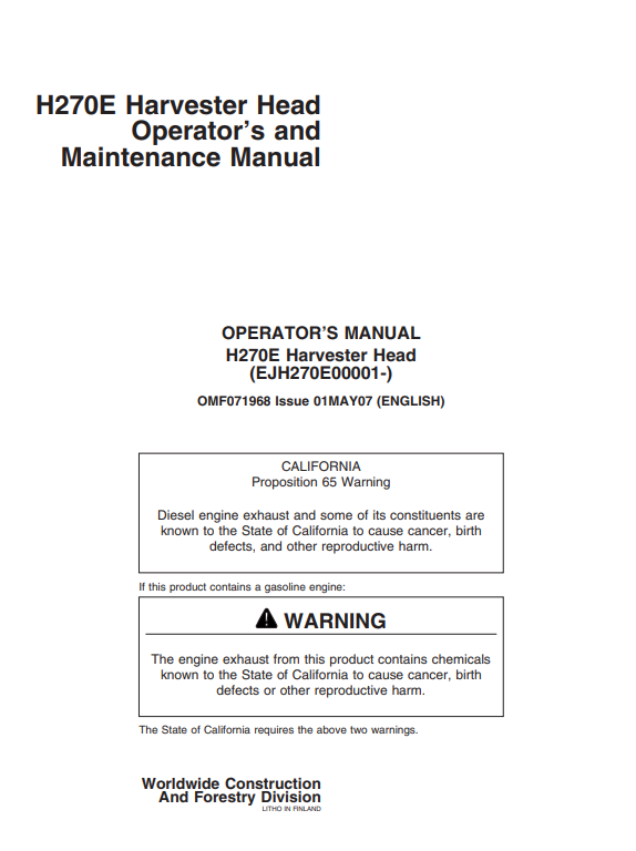 JOHN DEERE H270E HARVESTER HEAD OPERATOR AND MAINTENANCE MANUAL OMF071968