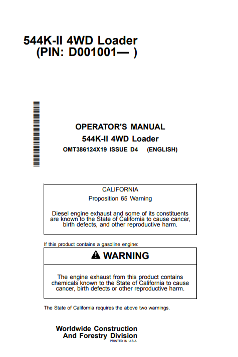 JOHN DEERE 544K-II 4WD LOADER OPERATOR MANUAL OMT386124X19