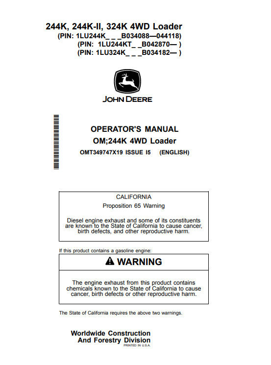 JOHN DEERE 244K, 244K-II, 324K 4WD LOADER OPERATOR MANUAL OMT349747X19