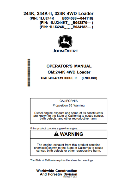 JOHN DEERE 244K, 244K-II, 324K 4WD LOADER OPERATOR MANUAL OMT349747X19