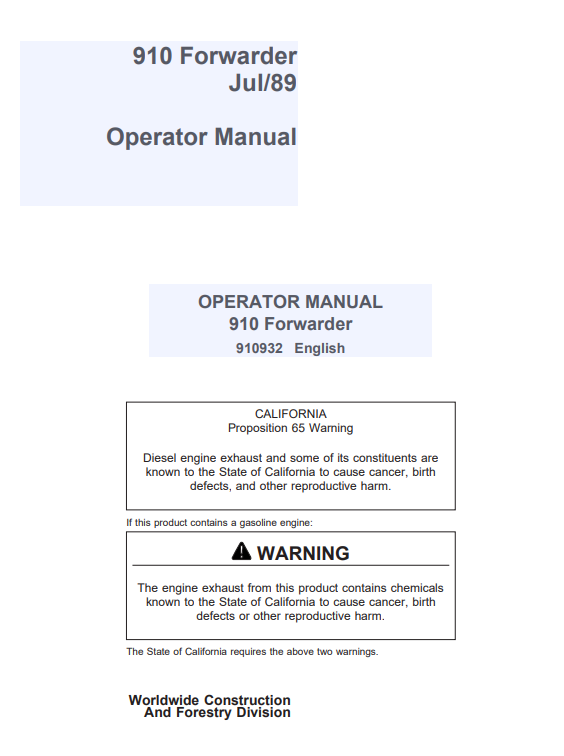 JOHN DEERE 910 FORWARDER OPERATOR MANUAL 910932