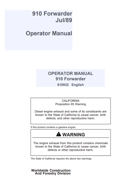 JOHN DEERE 910 FORWARDER OPERATOR MANUAL 910932