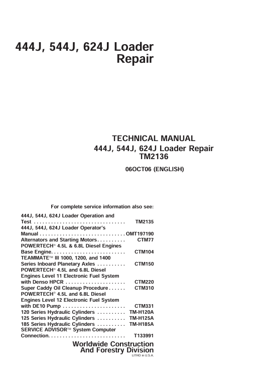 JOHN DEERE 444J, 544J, 624J LOADER REPAIR TECHNICAL MANUAL TM2136