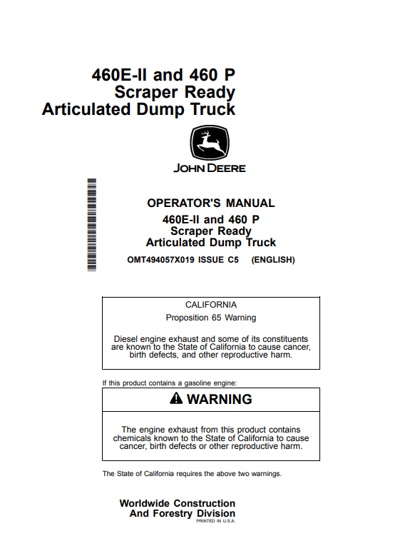JOHN DEERE 460E-II AND 460 P SCRAPER READY ARTICULATED DUMP TRUCK OPERATOR MANUAL OMT494057X019