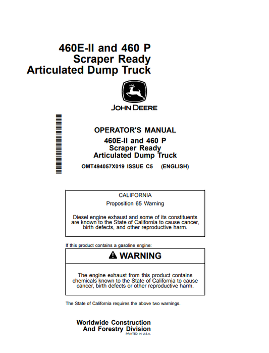 JOHN DEERE 460E-II AND 460 P SCRAPER READY ARTICULATED DUMP TRUCK OPERATOR MANUAL OMT494057X019