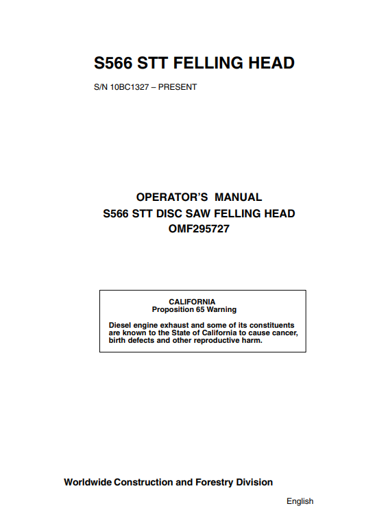 JOHN DEERE S566 STT DISC SAW FELLING HEAD OPERATOR MANUAL OMF295727