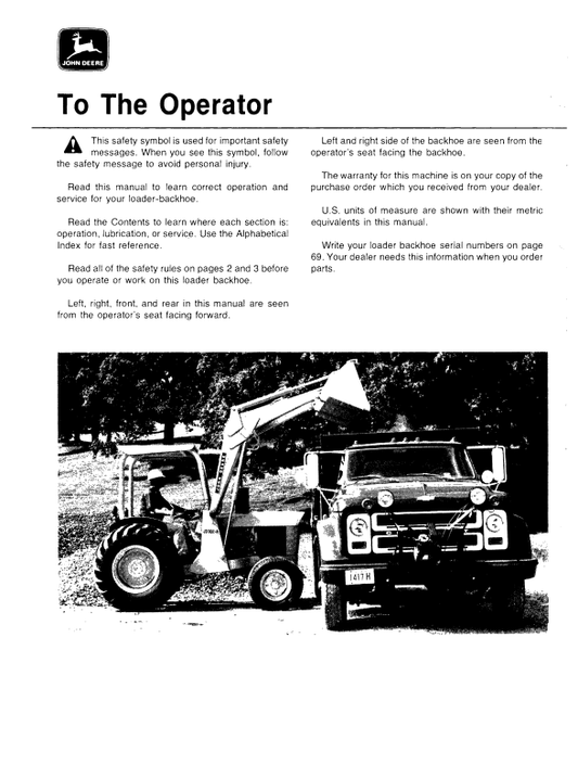 JOHN DEERE 302A BACKHOE LOADER OPERATOR MANUAL OMT72112