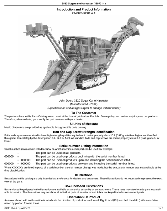 JOHN DEERE 3520 SUGAR CANE HARVESTER PARTS CATALOG MANUAL PC11504