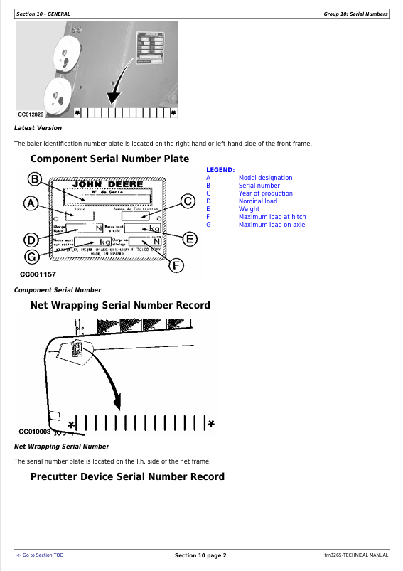 JOHN DEERE 540, 545, 550, 570, 580, 590 ROUND BALER TECHNICAL MANUAL TM3265