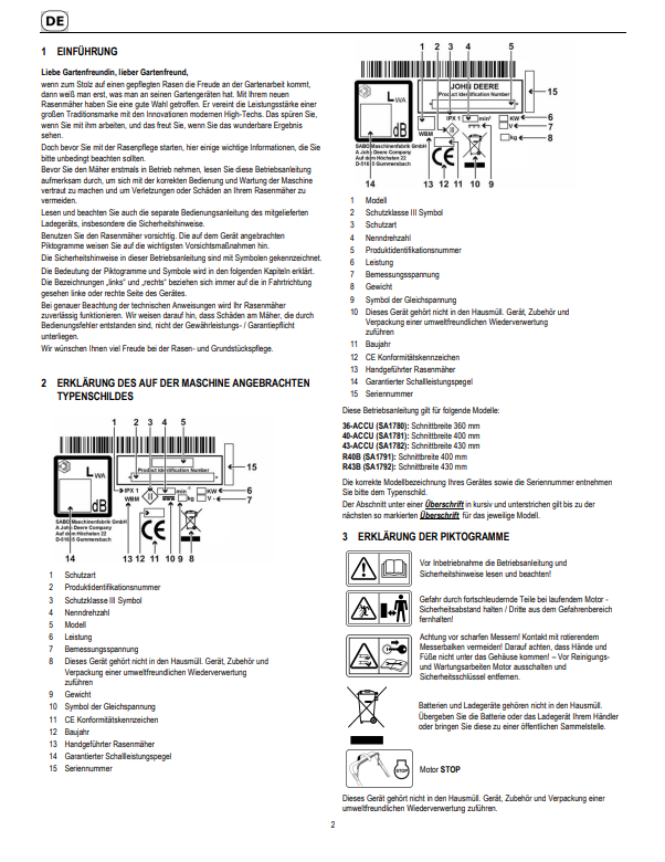 JOHN DEERE 36-ACCU (SA1780), 40-ACCU (SA1781), 43-ACCU (SA1782), R40B (SA1791), R43B (SA1792) LAW MOWERS OPERATOR MANUAL SAU17002