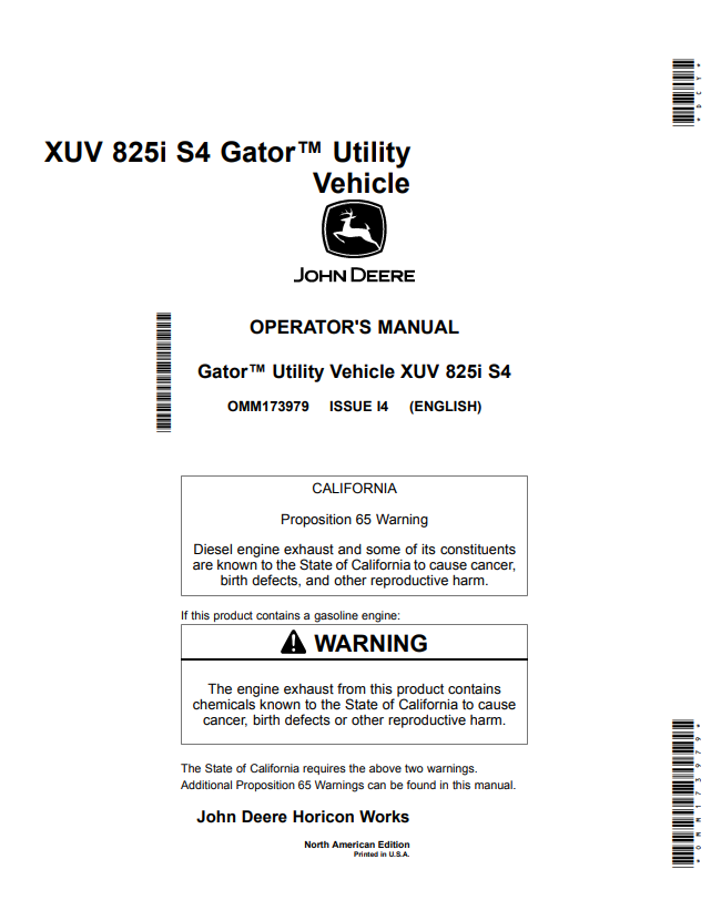 JOHN DEERE XUV 825I S4 GATOR™ UTILITY VEHICLE OPERATOR MANUAL OMM173979