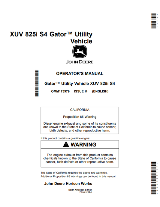 JOHN DEERE XUV 825I S4 GATOR™ UTILITY VEHICLE OPERATOR MANUAL OMM173979