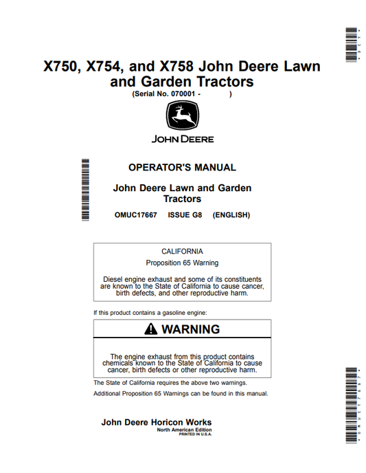 JOHN DEERE X750, X754, AND X758 LAWN AND GARDEN TRACTOR OPERATOR MANUAL OMUC17667