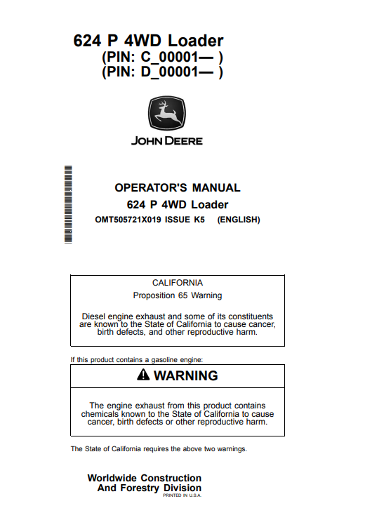 JOHN DEERE 624 P 4WD LOADER OPERATOR MANUAL OMT505721X019