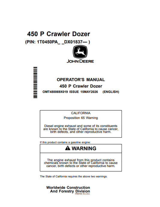 JOHN DEERE 450 P CRAWLER DOZER OPERATOR MANUAL OMT480069X019
