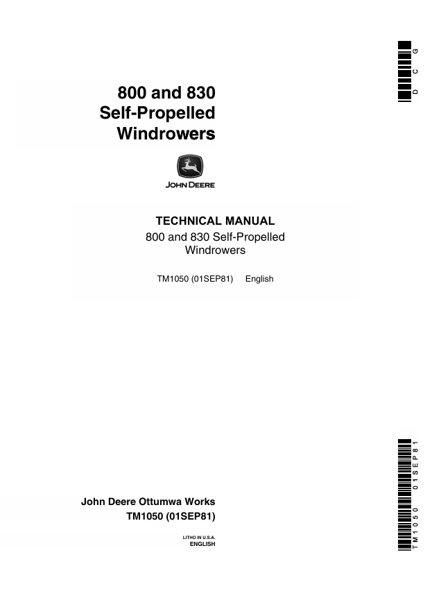 JOHN DEERE 800 AND 830 SELF-PROPELLED WINDROWER TECHNICAL MANUAL TM1050