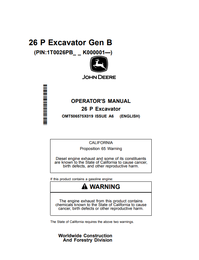 JOHN DEERE 26 P EXCAVATOR OPERATOR MANUAL OMT506575X019