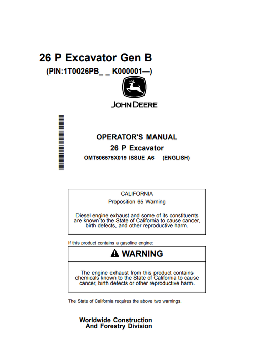 JOHN DEERE 26 P EXCAVATOR OPERATOR MANUAL OMT506575X019