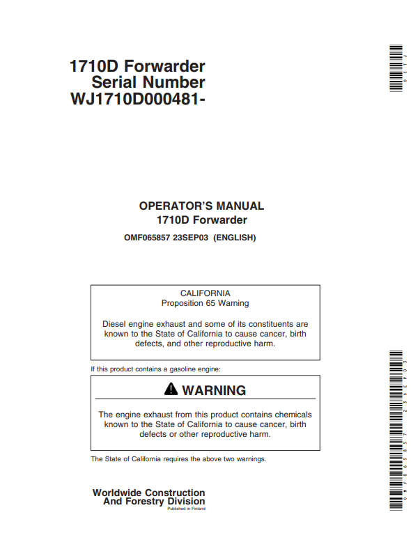 JOHN DEERE 1710D FORWARDER OPERATOR MANUAL OMF065857