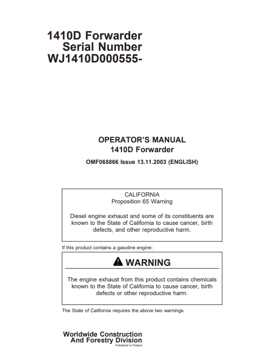 JOHN DEERE 1410D FORWARDER OPERATOR MANUAL OMF065866