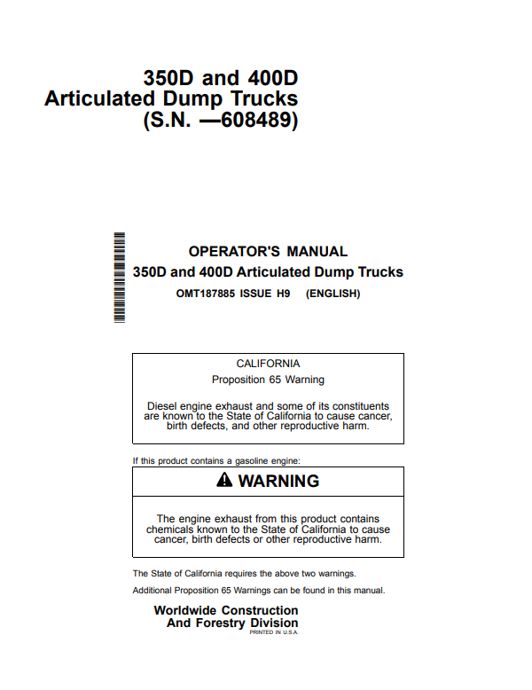 JOHN DEERE 350D AND 400D ARTICULATED DUMP TRUCK OPERATOR MANUAL OMT187885