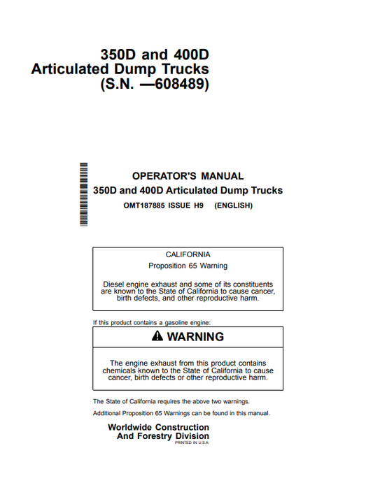 JOHN DEERE 350D AND 400D ARTICULATED DUMP TRUCK OPERATOR MANUAL OMT187885
