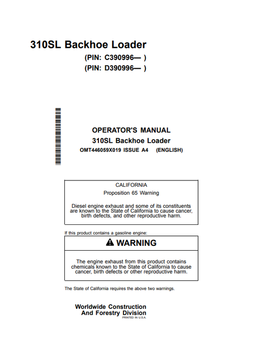 JOHN DEERE 310SL BACKHOE LOADER OPERATOR MANUAL OMT446059X019