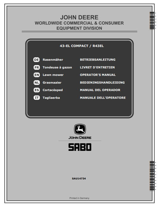 JOHN DEERE 43-EL COMPACT, R43EL LAWN MOWERS OPERATOR MANUAL SAU14734