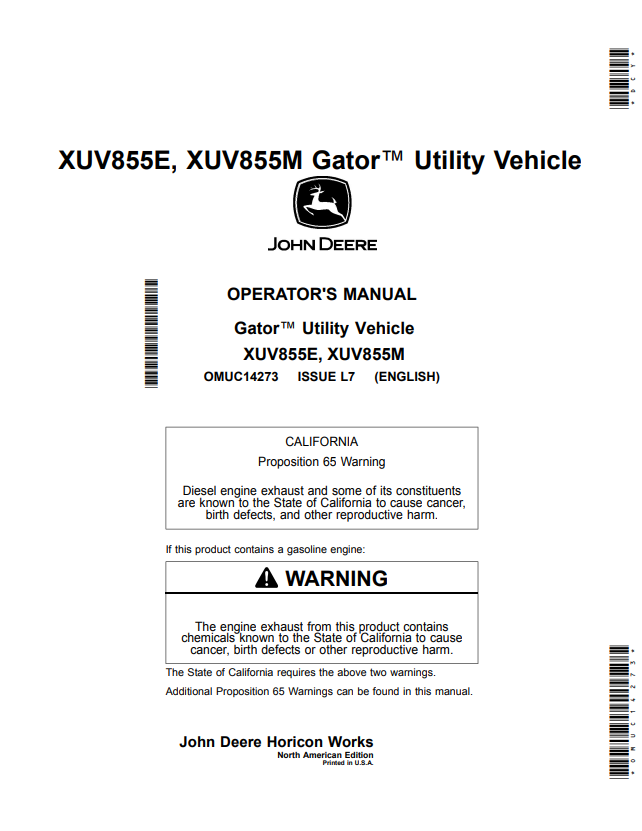 JOHN DEERE XUV855E, XUV855M GATOR™ UTILITY VEHICLE OPERATOR MANUAL OMUC14273