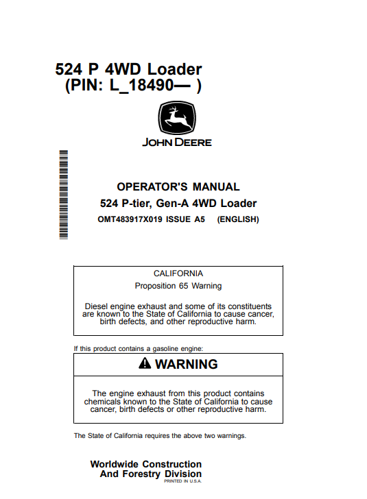 JOHN DEERE 524 P-TIER, GEN-A 4WD LOADER OPERATOR MANUAL OMT483917X019