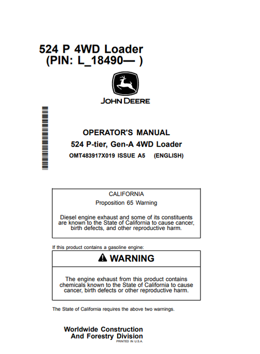 JOHN DEERE 524 P-TIER, GEN-A 4WD LOADER OPERATOR MANUAL OMT483917X019