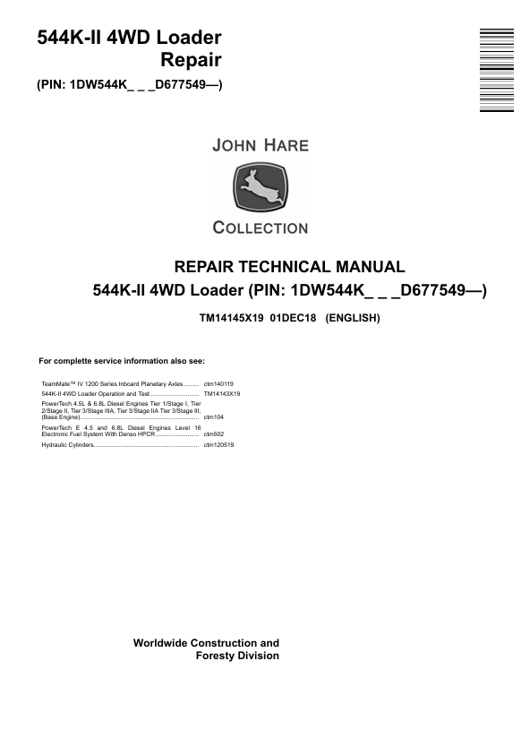 JOHN DEERE 544K-II 4WD LOADER REPAIR TECHNICAL MANUAL TM14145X19