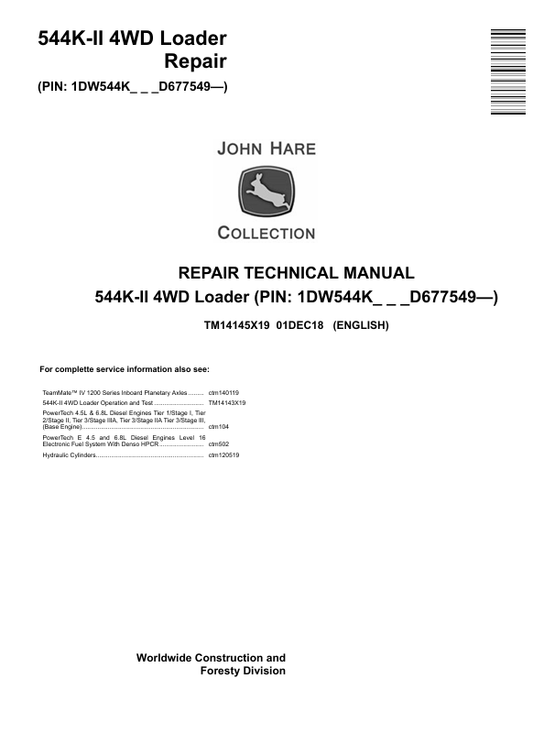 JOHN DEERE 544K-II 4WD LOADER REPAIR TECHNICAL MANUAL TM14145X19