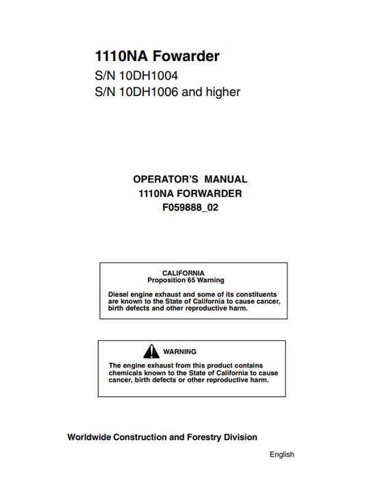 JOHN DEERE 1110NA FORWARDER OPERATOR MANUAL F059888