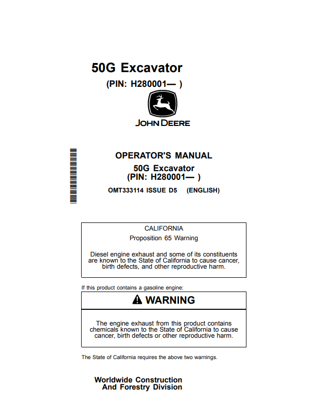 JOHN DEERE 50G EXCAVATOR OPERATOR MANUAL OMT333114