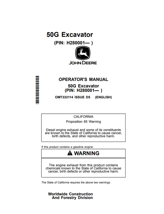 JOHN DEERE 50G EXCAVATOR OPERATOR MANUAL OMT333114