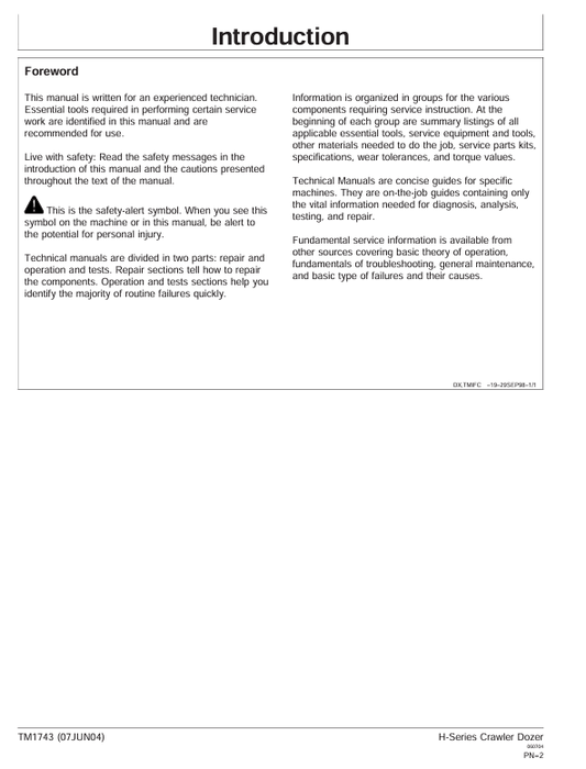 JOHN DEERE 450H, 550H, 650H CRAWLER DOZER OPERATION, MAINTENANCE AND DIAGNOSTIC TEST SERVICE MANUAL TM1743