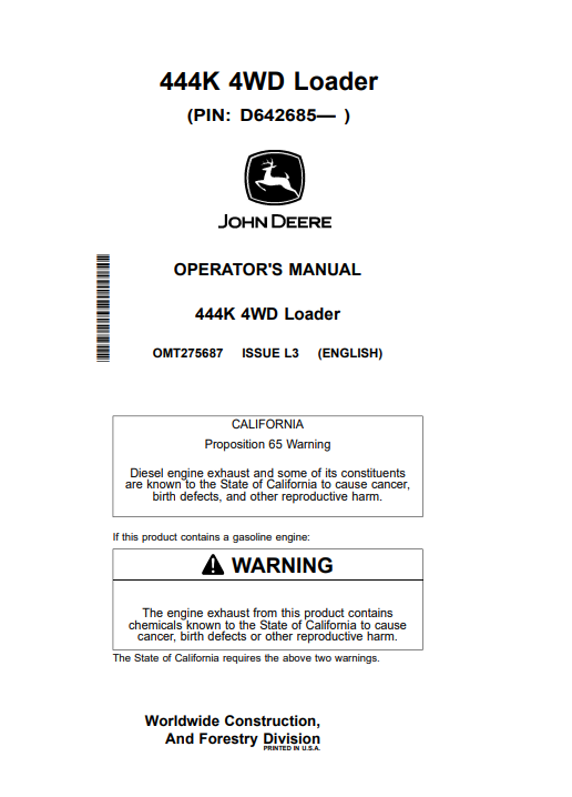 JOHN DEERE 444K 4WD LOADER OPERATOR MANUAL OMT275687
