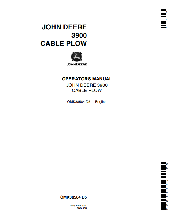 JOHN DEERE 3900 CABLE PLOW OPERATOR MANUAL OMK38584